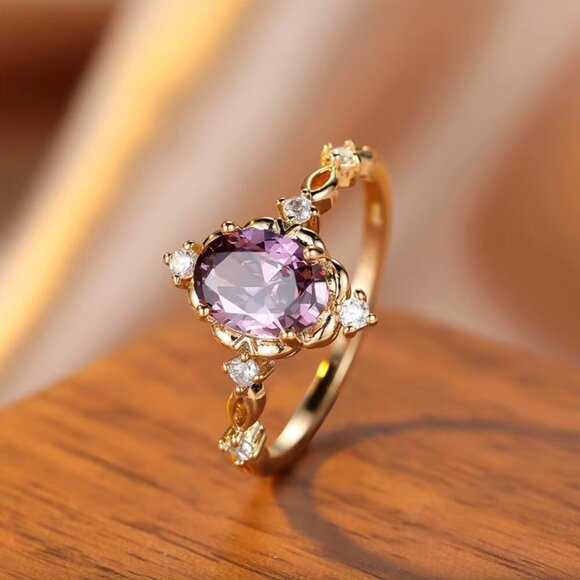 14k Yellow Gold Diamond Purple Amethyst Ring - Picture 7 of 10